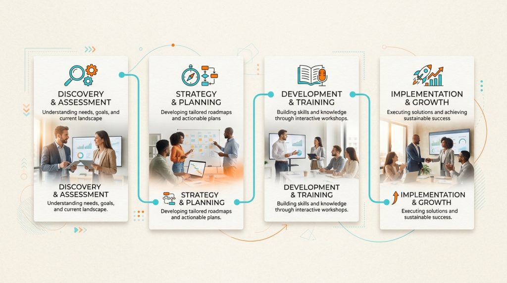 Schéma du parcours de formation IA en entreprise en 4 phases : acculturation, cas d'usage, standardisation, montée en puissance | Un parcours progressif pour ancrer l'IA dans les méthodes de travail. 