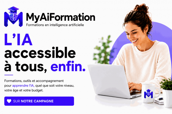 Bannière MyAiFormation - L'intelligence artificielle accessible à tous avec une femme travaillant sur ordinateur