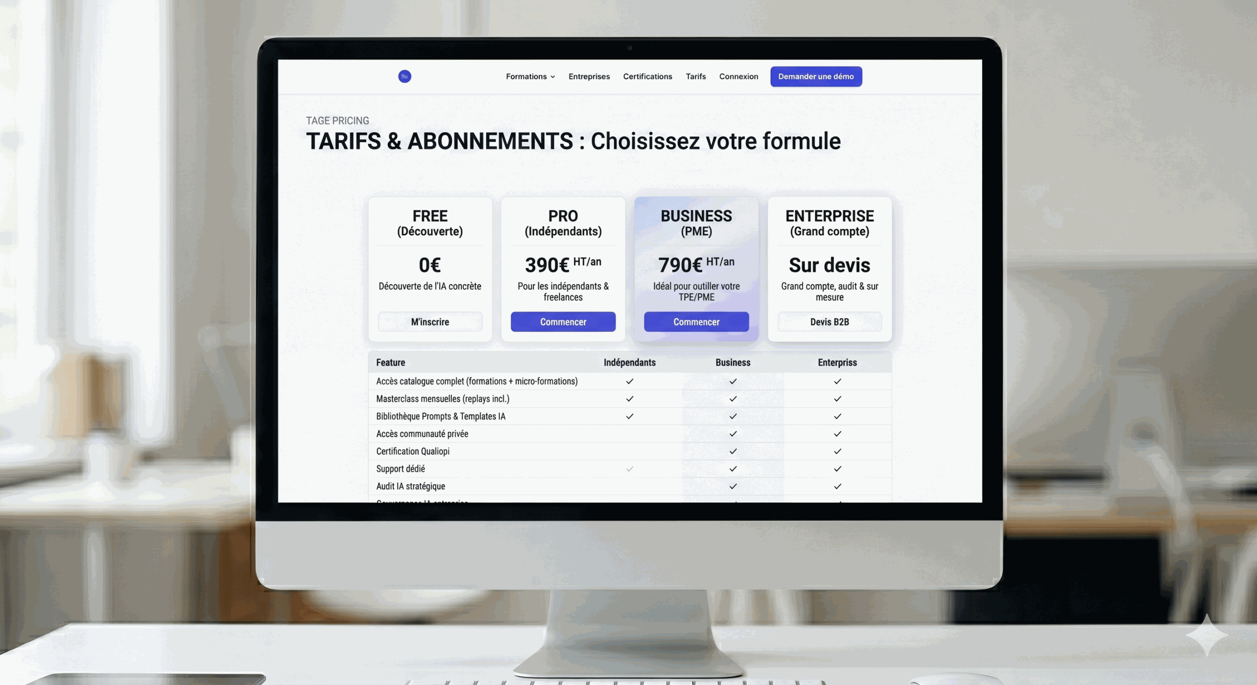 Écran d'ordinateur affichant les tarifs et abonnements des formules de formation IA